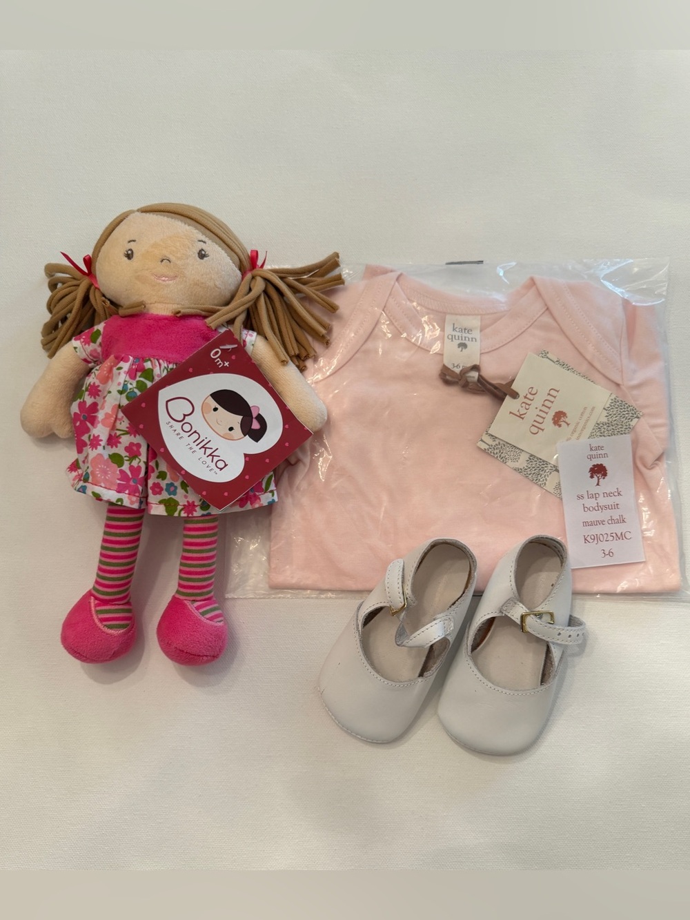 NWT kate quinn Soft MauveBodysuit with Bonikka Floral Doll and White Mary Janes
